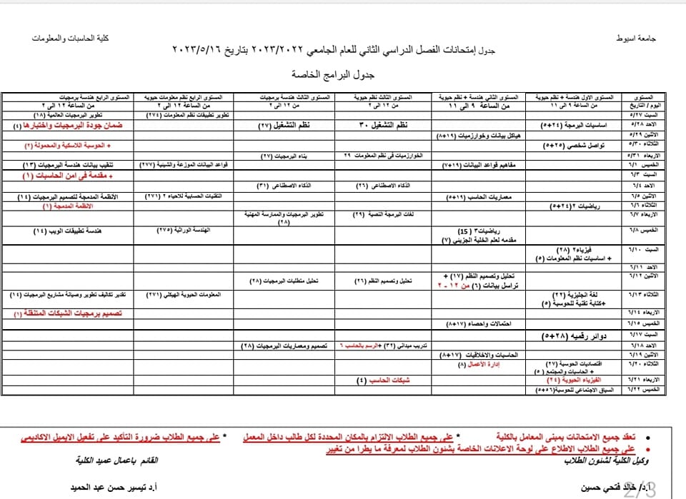 Schedule of exams for the second semester 2022-2023 for special programs