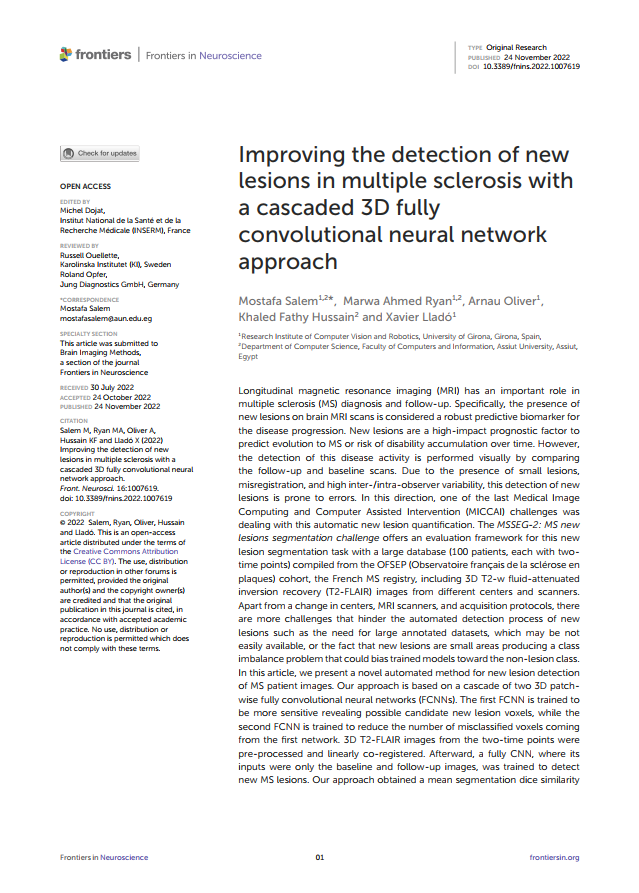 Improving the detection of new lesions in multiple sclerosis with a cascaded 3D fully convolutional neural network approach