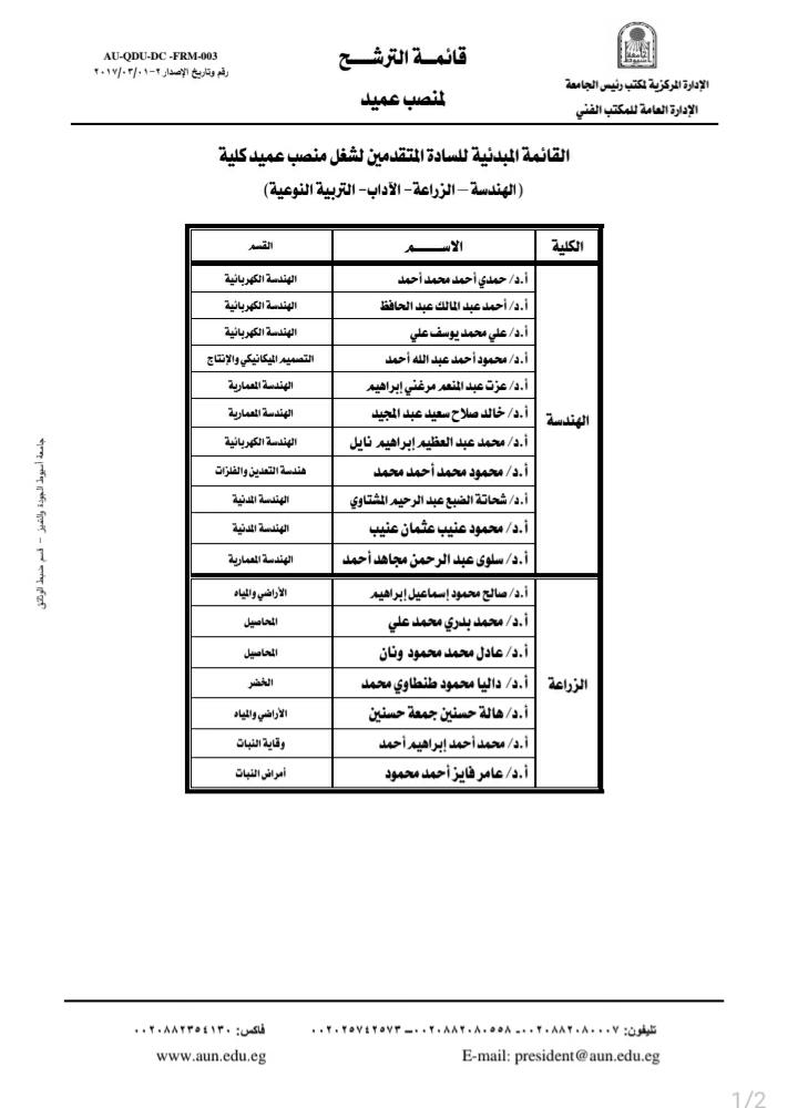 جامعة أسيوط تعلن القائمة&nbsp; المبدئية للمرشحين لعمادة&nbsp;كلية الهندسة والزراعة والآداب والتربية النوعية