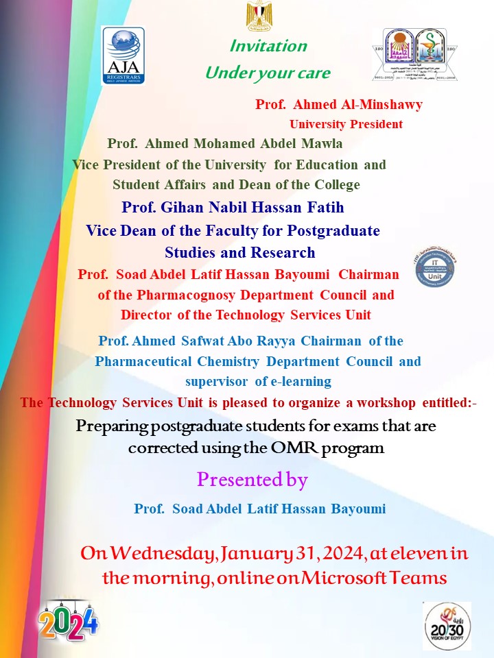 The Technology Services Unit is pleased to organize a workshop entitled: - Preparing postgraduate students for exams that are corrected using the OMR program, on Wednesday, January 31, 2024, at eleven o’clock in the morning, online on Microsoft Teams.