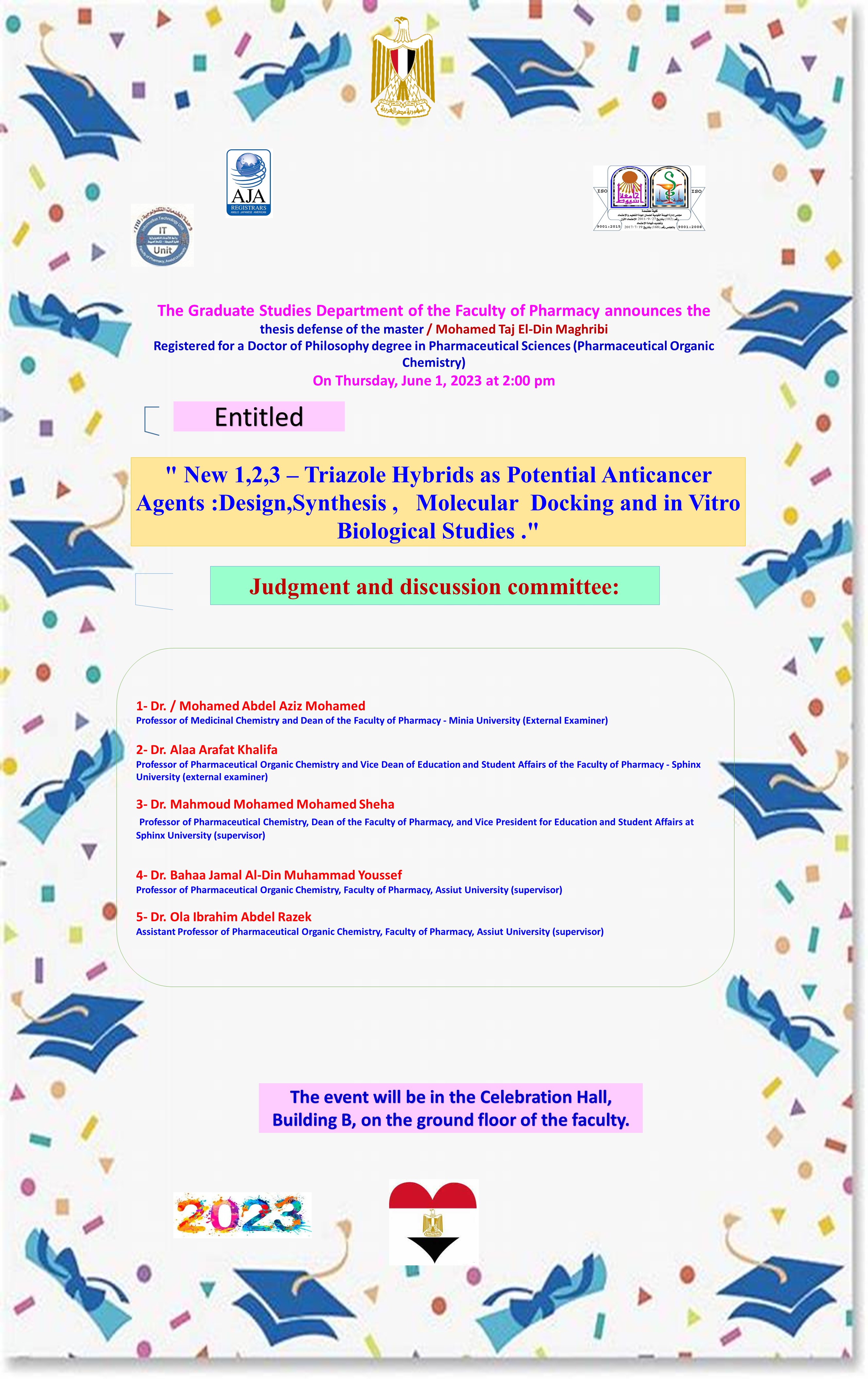 Thesis defense of the master / Mohamed Taj El-Din Maghribi - registered for the degree of Doctor of Philosophy in Pharmaceutical Sciences (Pharmaceutical Organic Chemistry) on Thursday, June 1, 2023