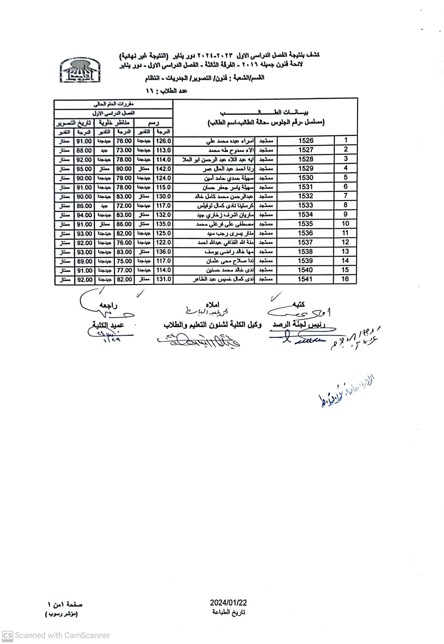 نتيجة الفرقة الثالثة - قسم التصوير - الفصل الدراسى الاول - العام الجامعى 2023-2024م