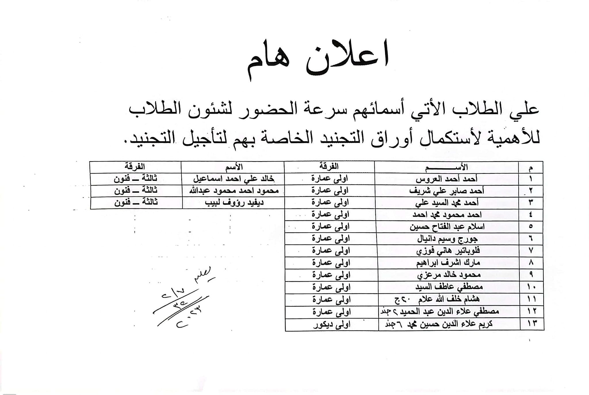 على الطلاب الآتي أسمائهم سرعة الحضور إلى إدارة شئون الطلاب لإستكمال أوراق التجنيد الخاصة بهم