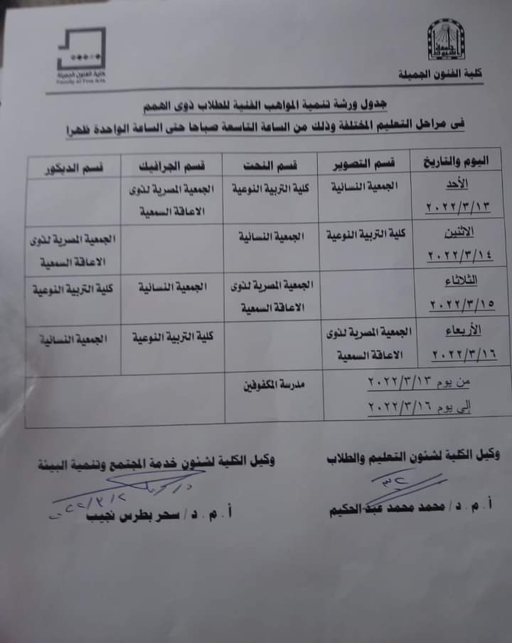 تحت رعاية الأستاذ الدكتور طارق الجمال رئيس جامعة أسيوط والأستاذ الدكتور شحاتة غريب نائب رئيس الجامعة لشئون التعليم والطلاب والأستاذ الدكتور أحمد المنشاوي نائب رئيس الجامعة لشئون الدراسات العليا والبحوث والمشرف على كلية الفنون الجميلة ، والأستاذ الدكتور مها غانم نائب رئيس الجامعة لشئون خدمة المجتمع وتنمية البيئة وتحت اشراف الأستاذ الدكتور سحر بطرس نجيب وكيل الكلية لشئون خدمة المجتمع وتنمية البيئة الاستاذ الدكتور محمد عبدالحكيم وكيل الكلية لشئون التعليم والطلاب وإدارة رعاية الشباب وإدارة العلاقات العامة والإعلام بالكلية وفى اطار اهتمام قطاعي شئون التعليم و الطلاب وشئون خدمة المجتمع وتنمية البيئة نحو تنمية المواهب الفنية لطلاب ذوي الهمم فى مراحل تعليمهم المختلفة قامت كلية الفنون الجميلة بتنظيم ورشة فنية لذوى الهمم بالتعاون مع قطاع شئون خدمة المجتمع وتنمية البيئة وقطاع شئون التعليم والطلاب بالجامعة للجهات التالية (مركز رعاية ذوى الهمم بالجامعة ، كلية التربية النوعية -قسم التربية الفنية ، مدرسة المكفوفين ، الجمعية المصرية لذوى الإعاقة السمعية ، الجمعية النسائية ) فى الفترة من ١٢ الى ١٧ مارس ٢٠٢٢ م يعقبه إقامة معرض لمنتجات الورشة وذلك يوم الاثنين الموافق ٢٢ مارس ٢٠٢٢م شارك فى الورشة قسم النحت والتصوير والجرافيك بالكلية وقد اوضحت الدكتورة سحر بطرس والدكتور محمد عبدالحكيم ان اليوم الاول للورشة قد تم بنجاح وحقق هدف الورشة بالدمج بين طلاب الكلية والطلاب ذوى الهمم وقد زار طلاب الورشة اقسام النحت والجرافيك والتصوير حسب الجدول المحدد وتفاعلوا مع طلاب الكلية فى الاقسام وقاموا بتنفيذ اعمال فنية متنوعة ومميزة والتى سوف يشاركون بها فى المعرض الخاص بهم فى نهاية الورشة وقد عبروا عن سعادتهم وشغفهم لاستكمال باقى ايام الورشة كما اوضحت الدكتورة / نهى المفتى المدرس بقسم الجرافيك ان طباعة العناصر الحية الطبيعية كانت بمثابة تشويق واثارة لطلاب الورشة حيث استمتعوا باساليب الطباعة المختلفة والملامس المتنوعة التى أثمرت عن إنتاج متميز وتوضيح مفهوم التصميم الجرافيكى بنظرياته المختلفة لدى طلاب الورشة