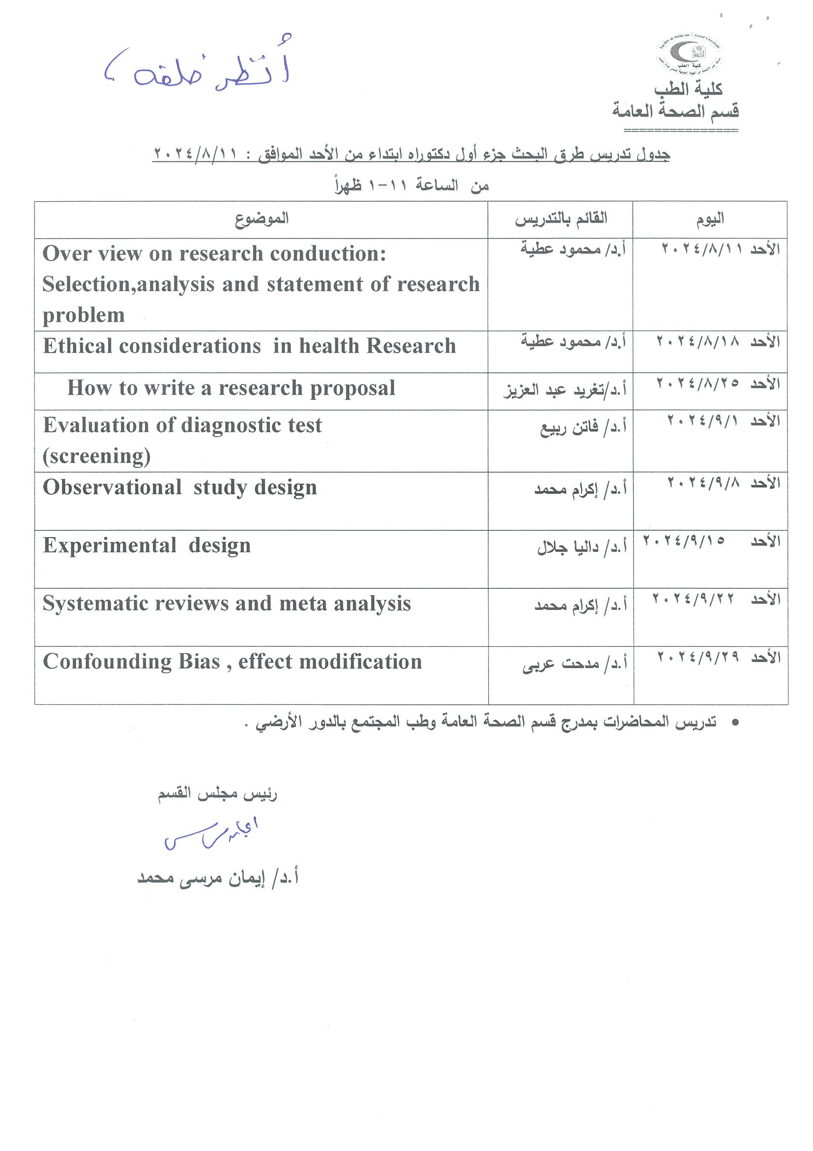 بشأن موافقه قسم الصحه العامه وطب المجتمع على بدء محلاضرات جزء اول دكتوراه من الأحد الموافق 11-8-2024