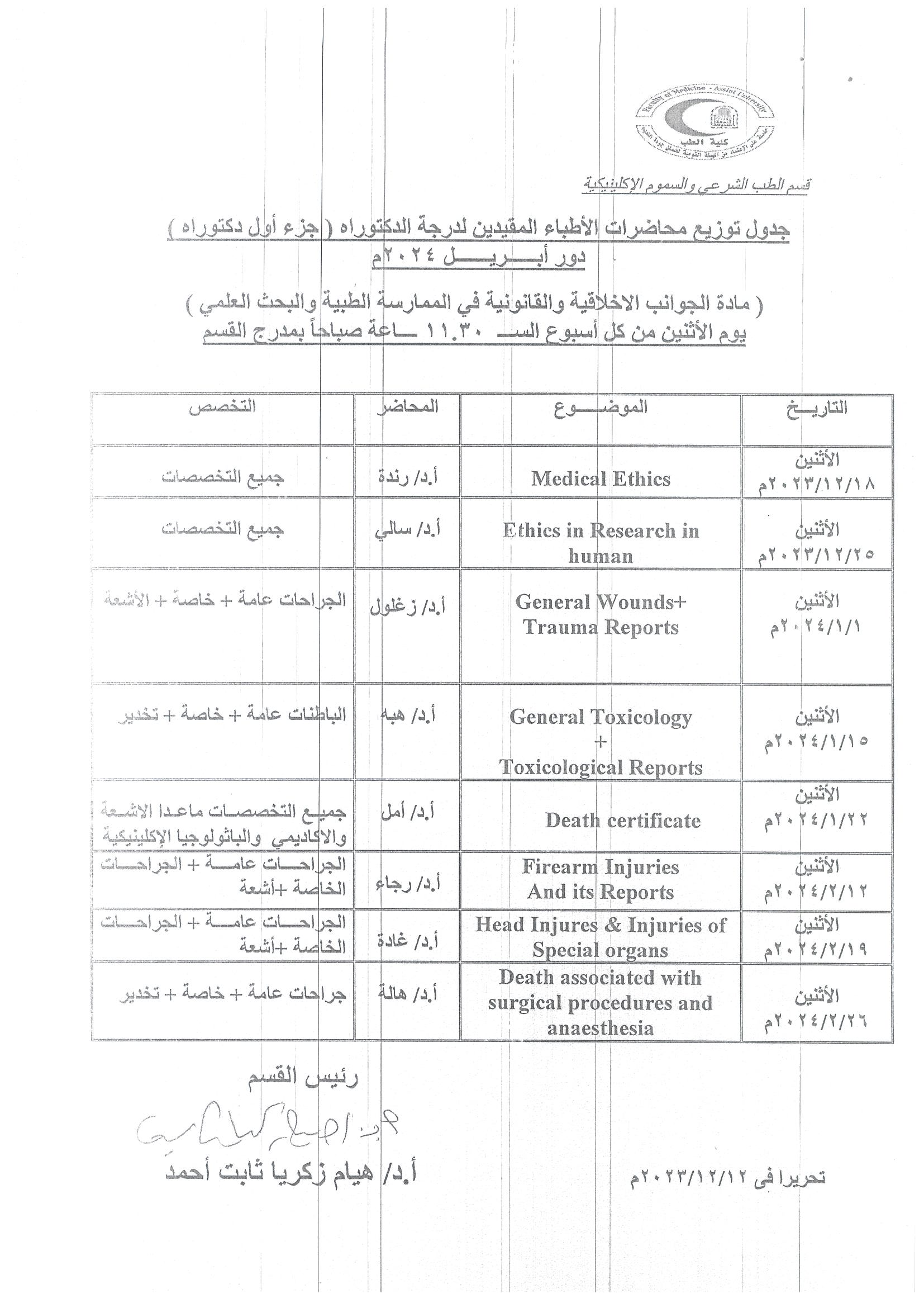 جدول محاضرات الدكتوراه (جزء اول)