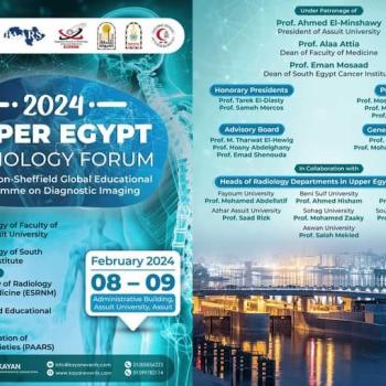 An invitation to attend the Upper Egypt International Radiology Conference, organized by the Department of Radiology at Assiut University and the Department of Radiology at the South Egypt Cancer Institute